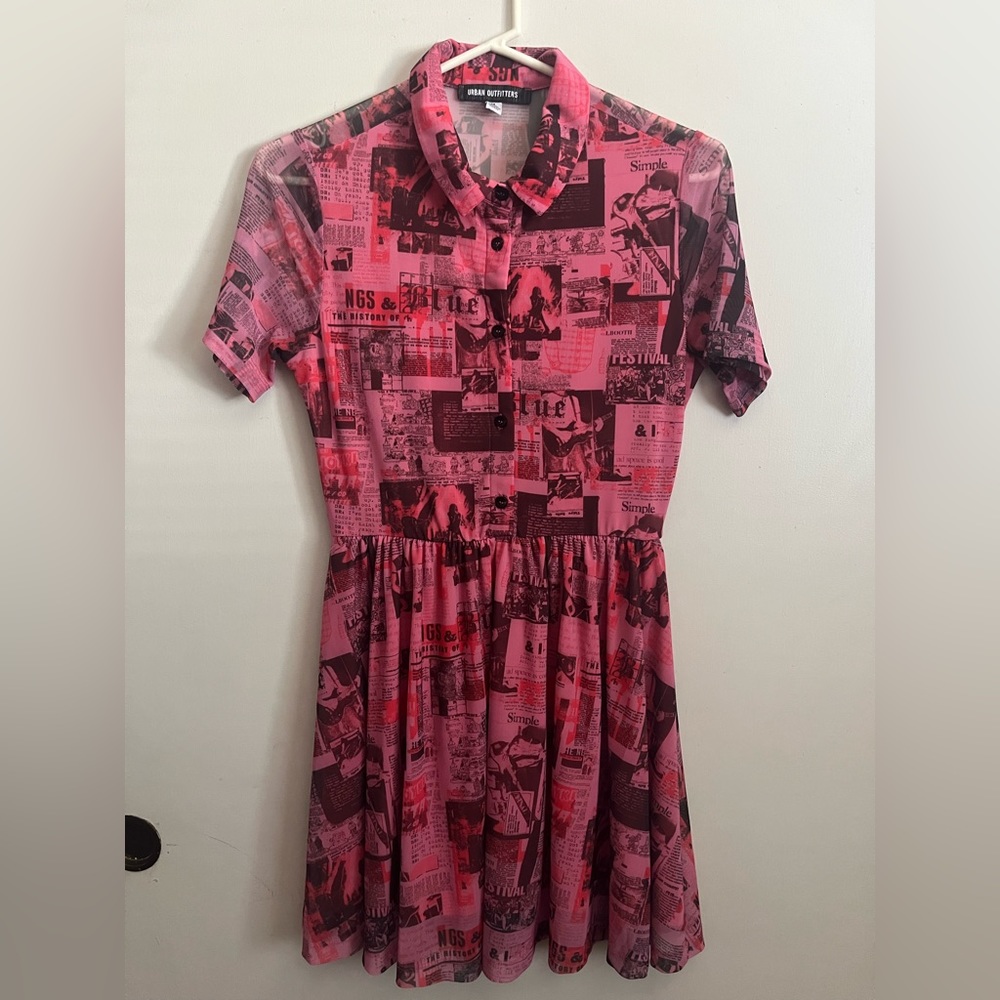 Urban Outfitters Pink Newsprint Dottie Mesh Dress